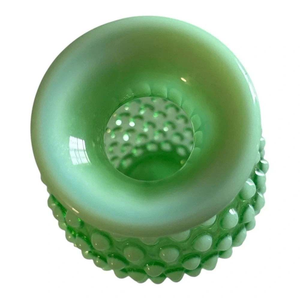 Vintage Fenton Art Glass Green Opalescent Hobnail Glass Uranium Vase #14